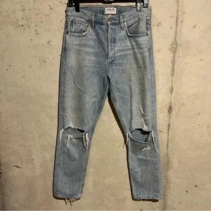 AGOLDE Jamie High Rise Classic Distressed Jeans Shakedown Light Blue Size 28